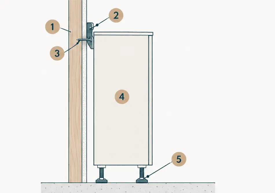 Diagram: front and side view of a tall cabinet fastened to wall studs at its top corners with two anchor brackets, standing on leveling feet