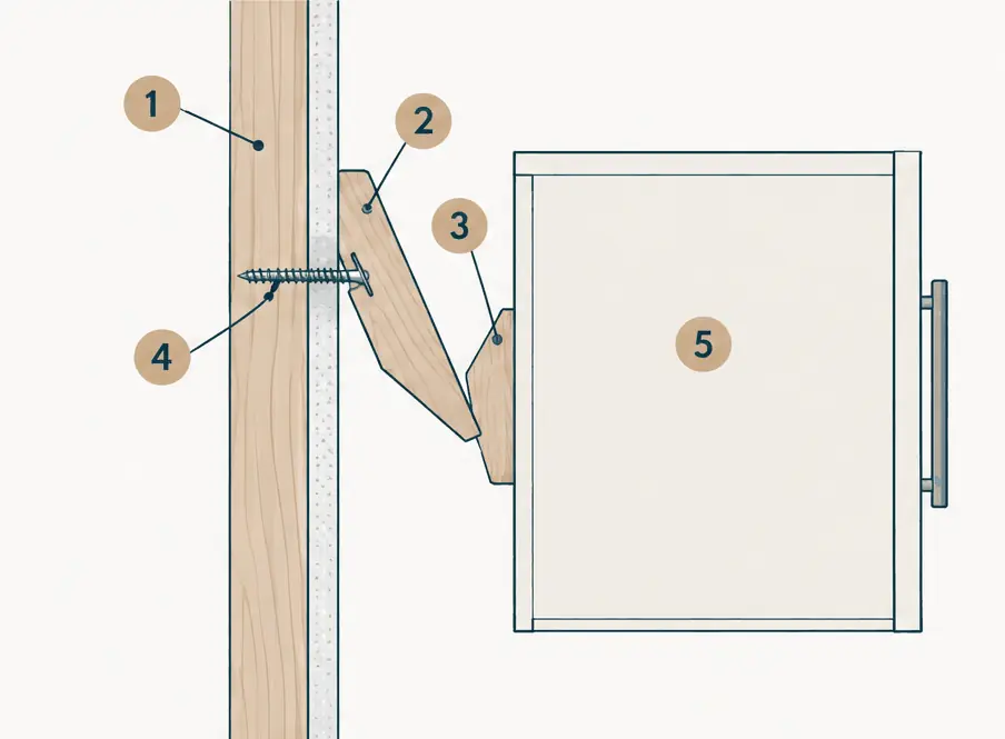 Diagram: side view of a wall cabinet hung on a French cleat screwed into two wall studs, with the cleat on the wall and the matching cleat on the back of the cabinet
