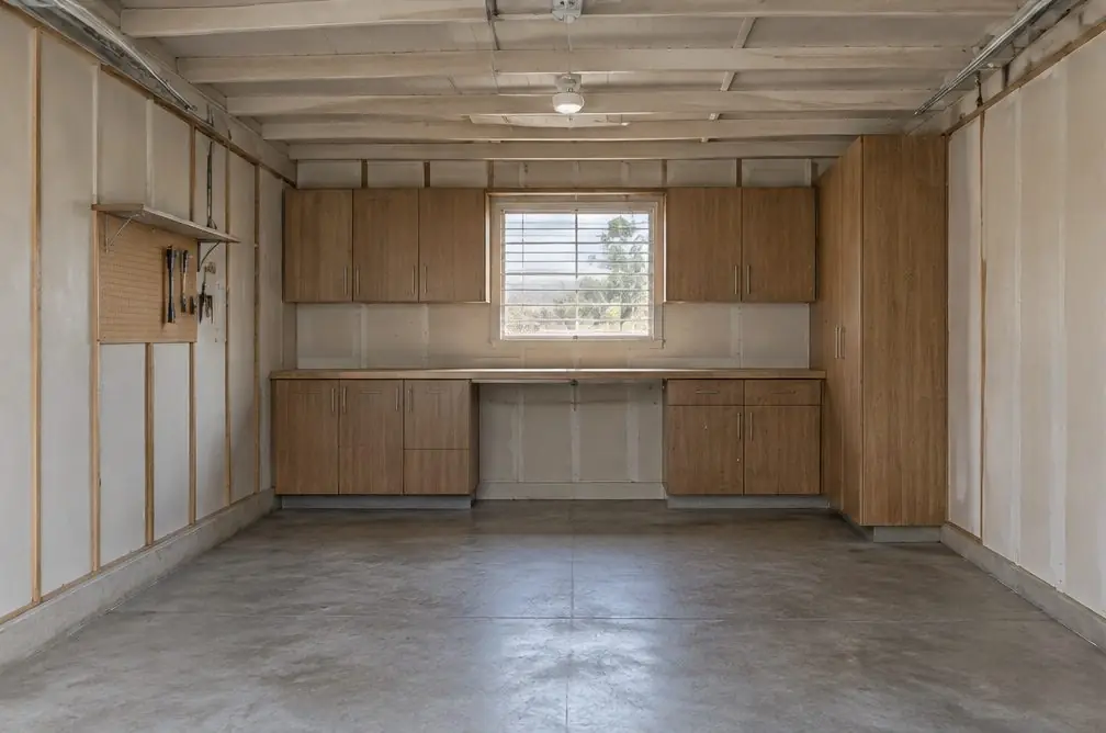 Illustration: a tidy two-car garage with a run of cabinets in a typical North Torrance home