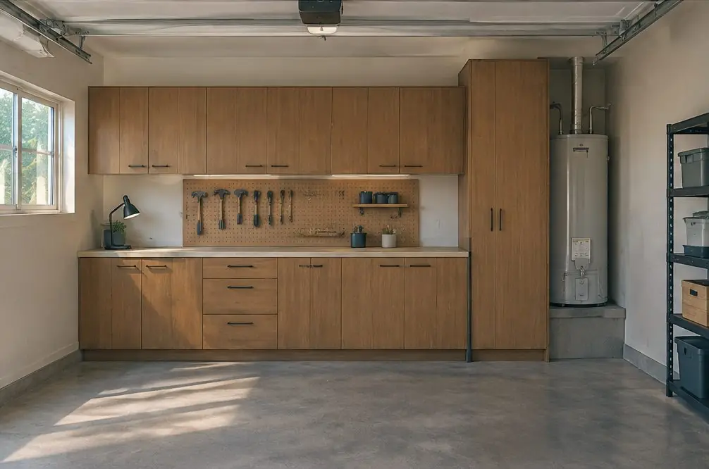 Illustration: a tidy two-car garage with a run of cabinets in a typical Seaside home