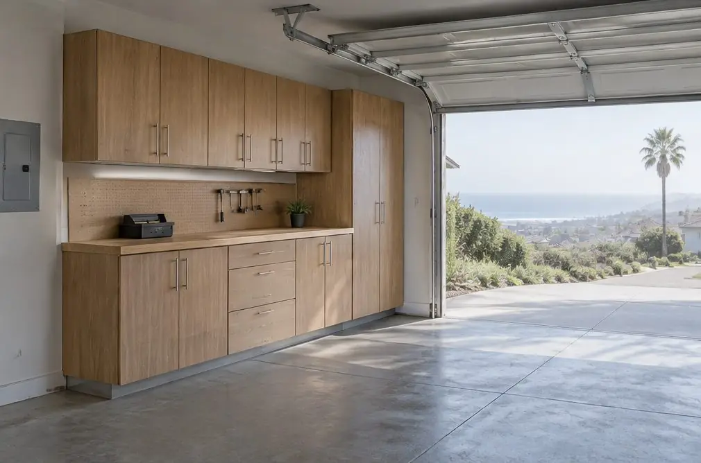 Illustration: a tidy two-car garage with a run of cabinets in a typical Walteria home